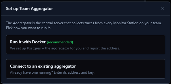 Team aggregator setup wizard offering a Docker run or connecting to an existing aggregator