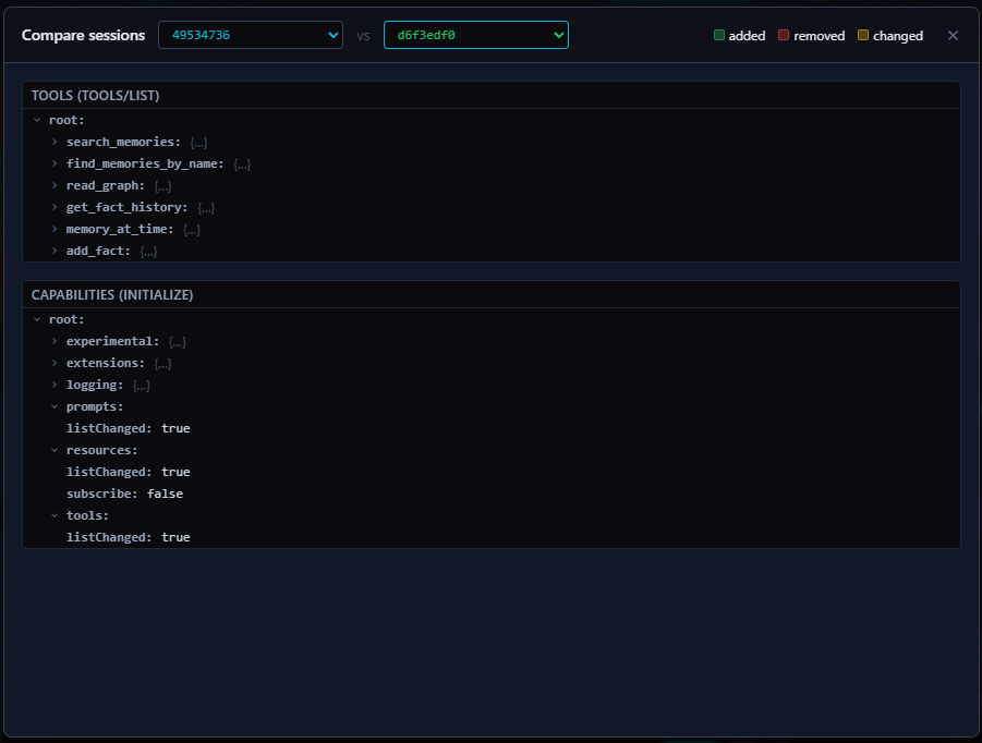 Compare sessions view highlighting added, removed, and changed tools and capabilities