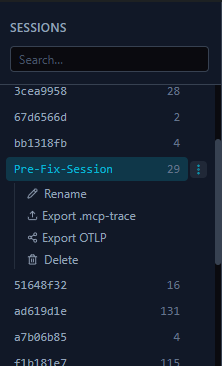 Session context menu with Export .mcp-trace and Export OTLP options