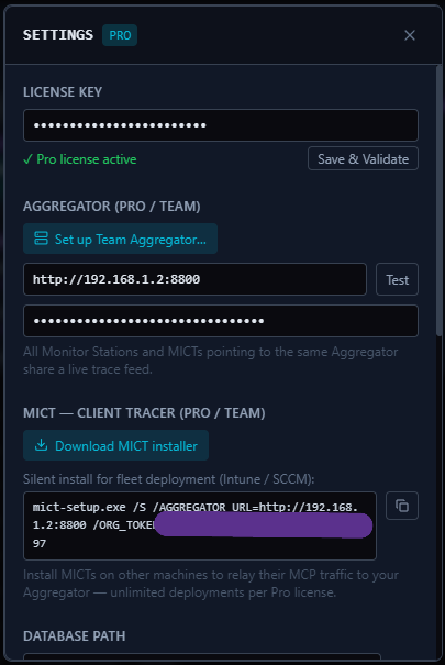Settings panel showing Pro license activation, aggregator address, and the MICT fleet-deployment install command