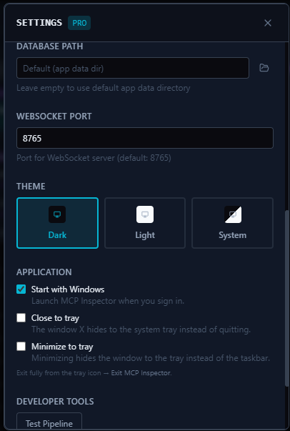 Settings panel showing database path, WebSocket port, theme selection, and application startup options