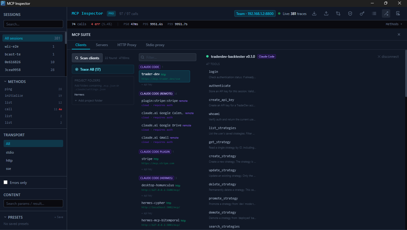 Client discovery view listing MCP clients and servers grouped by application