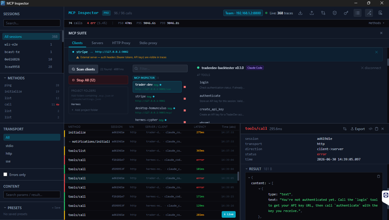 MCP Inspector full workspace showing sessions, method timeline, and a JSON-RPC detail pane