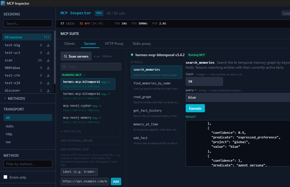 Server tools view with parameters filled in and a live execution result