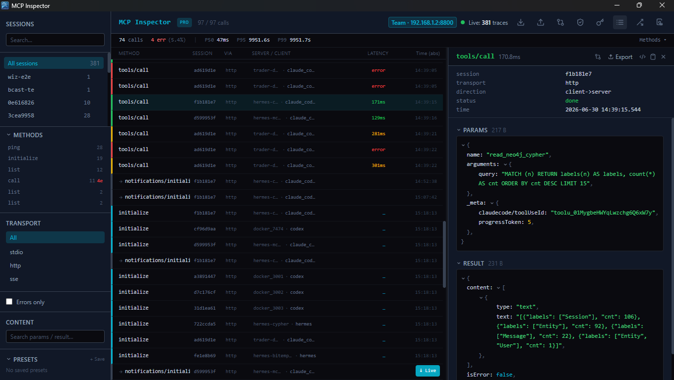 MCP Inspector trace list with a params and result detail view